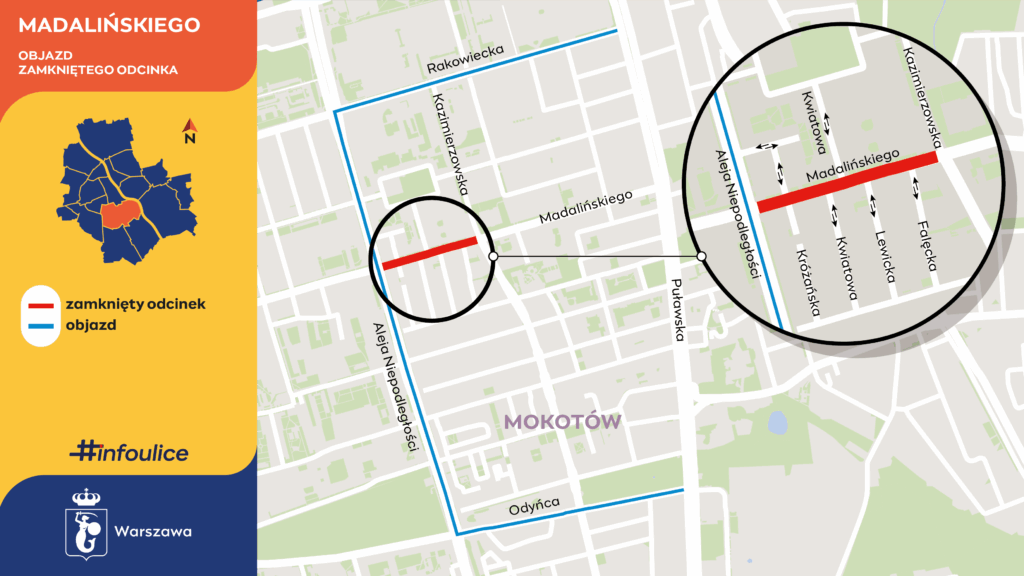 Mapa objazdu w Mokotowie z zamkniętym na czerwono odcinkiem ulicy Madalińskiego.