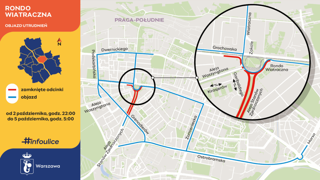 Mapa objazdów w rejonie ronda Wiatraczna, z zaznaczonymi na czerwono zamkniętymi odcinkami i trasami objazdu.
