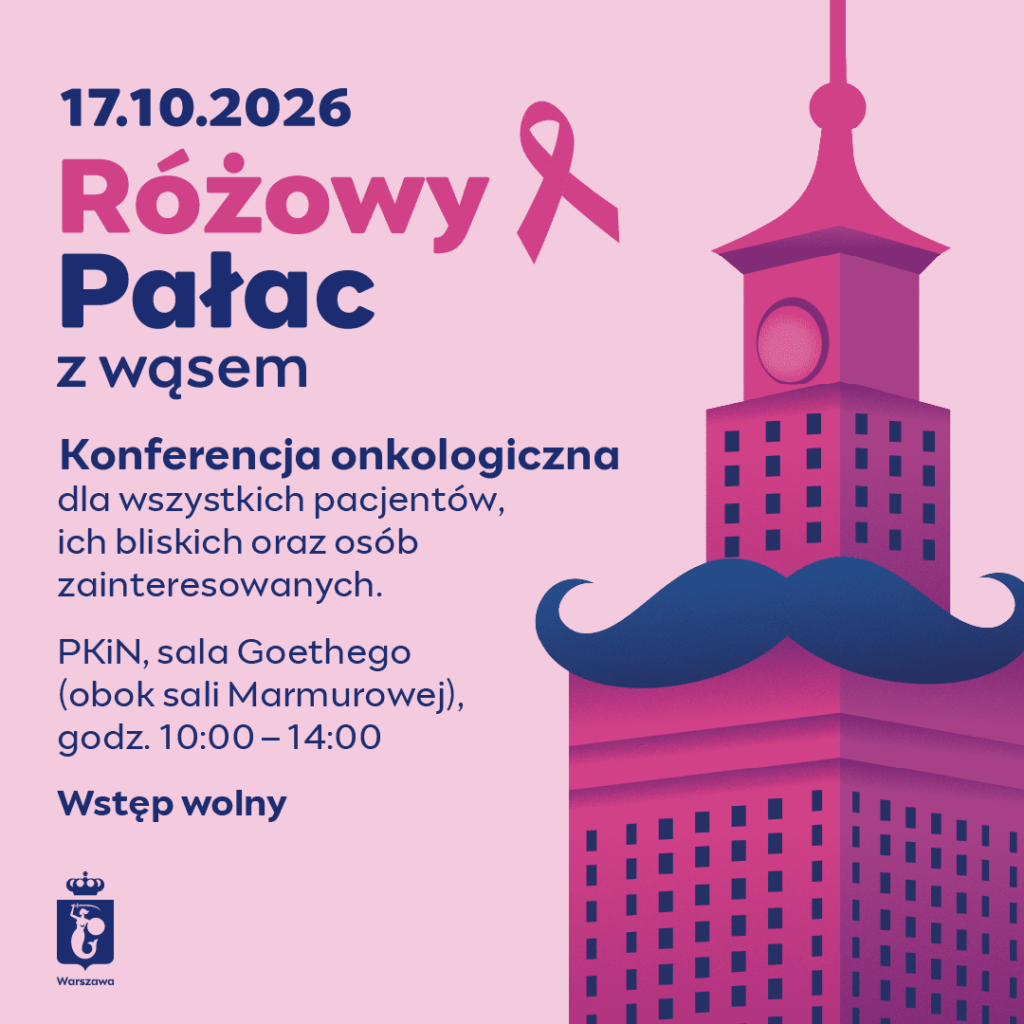 Różowy plakat konferencji onkologicznej „Różowy Pałac z wąsem”, z ilustracją Pałacu Kultury i Nauki oraz wstążką.