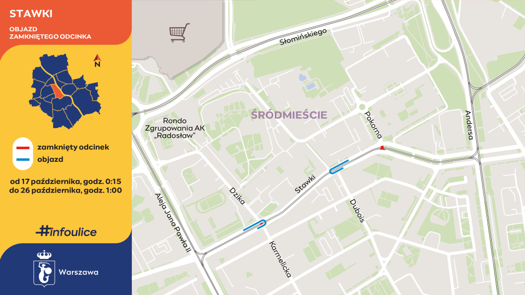 Mapa warszawskiego Śródmieścia z zaznaczonym zamkniętym odcinkiem ulicy Stawki i trasą objazdu tramwajów.