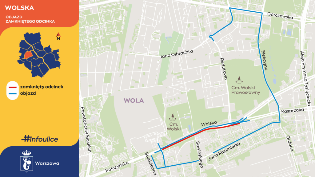 Mapa objazdu zamkniętego odcinka ulicy Wolskiej z zaznaczoną trasą objazdu w Warszawie.