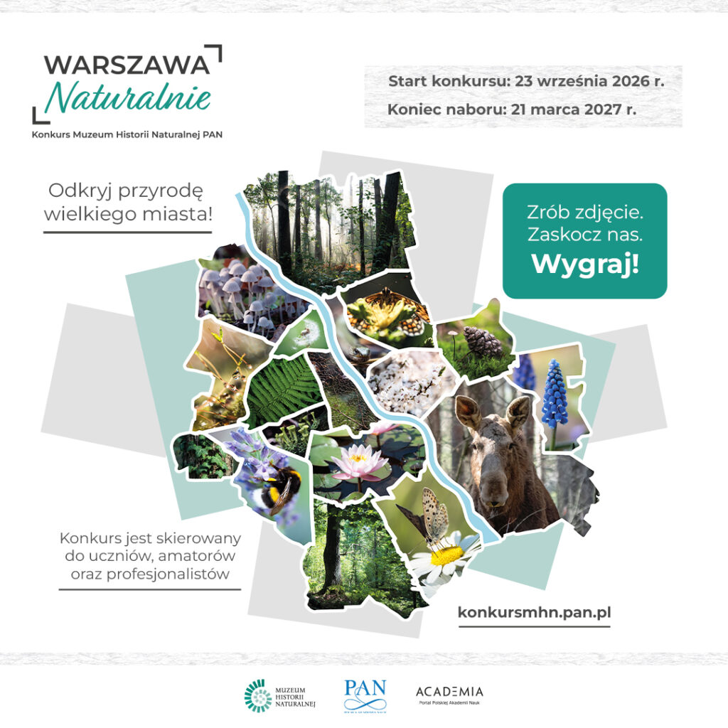 Plakat konkursu „Warszawa Naturalnie” z kolażem zdjęć przyrody i zwierząt ułożonym w mapę oraz hasłem „Zrób zdjęcie. Zaskocz