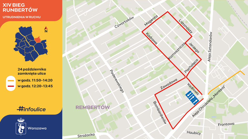 Mapa Rembertowa z czerwonym przebiegiem trasy biegu i zaznaczonymi ulicami zamkniętymi 24 października.