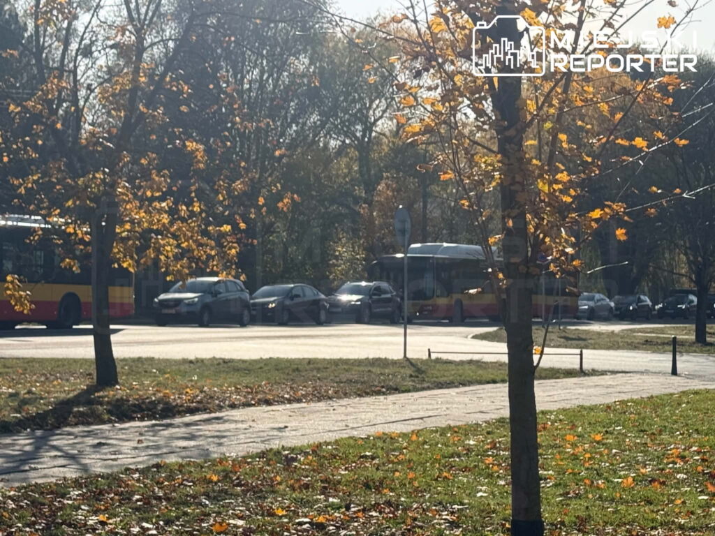 Samochody stoją w korku na ulicy przy autobusach i drzewach z jesiennymi liśćmi.