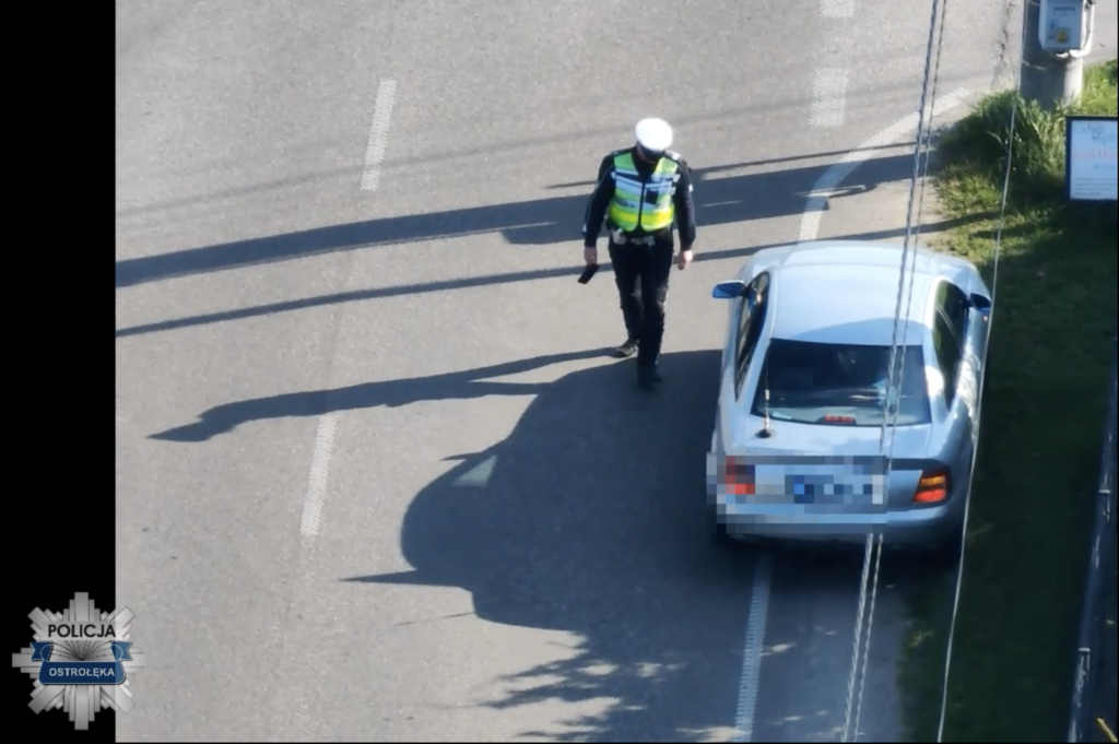 Policjant w kamizelce odblaskowej podchodzi do srebrnego samochodu stojącego przy krawędzi drogi.