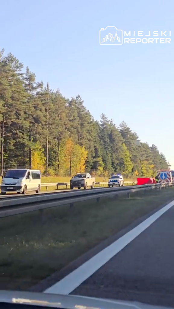 Samochody stoją przy barierkach na drodze szybkiego ruchu, obok pojazdu służb i czerwonych oznaczeń, na tle lasu.