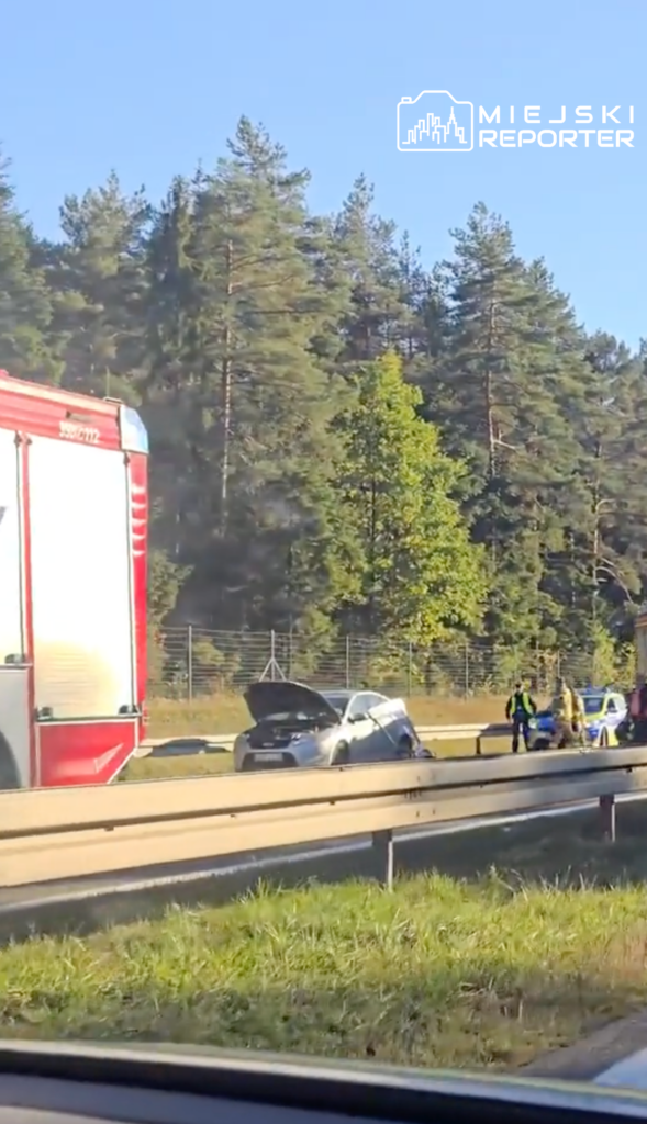 Samochód z otwartą maską stoi przy drodze, obok niego pracownicy służb i wóz strażacki.