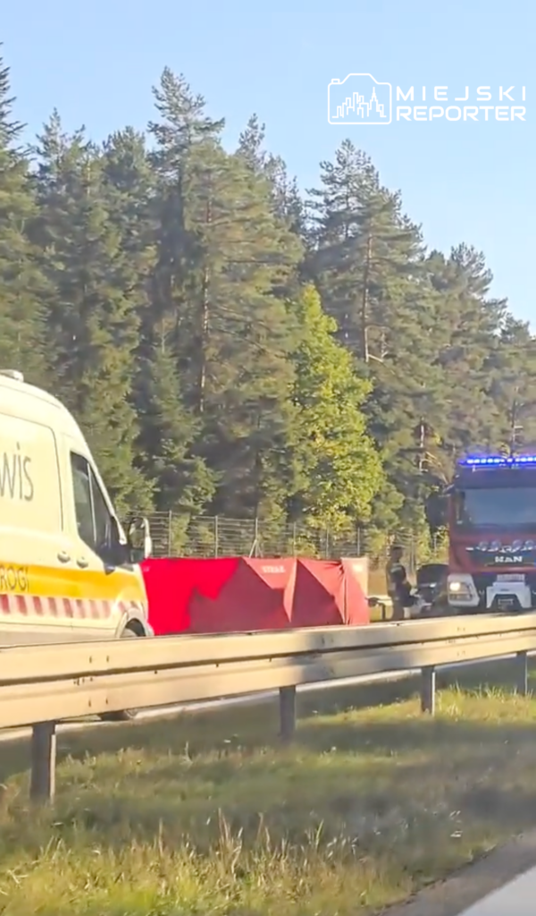 Karetka, czerwony parawan i wóz strażacki z włączonymi sygnałami świetlnymi na leśnym odcinku drogi.