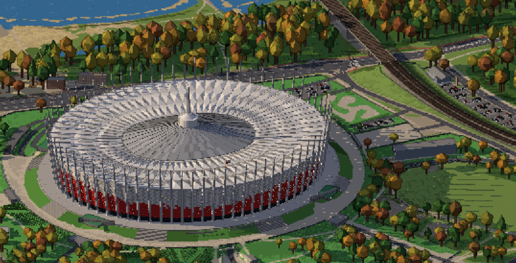 Pikselowa mapa okrągłego stadionu z czerwonymi trybunami, otoczonego drogami, zielenią i drzewami.