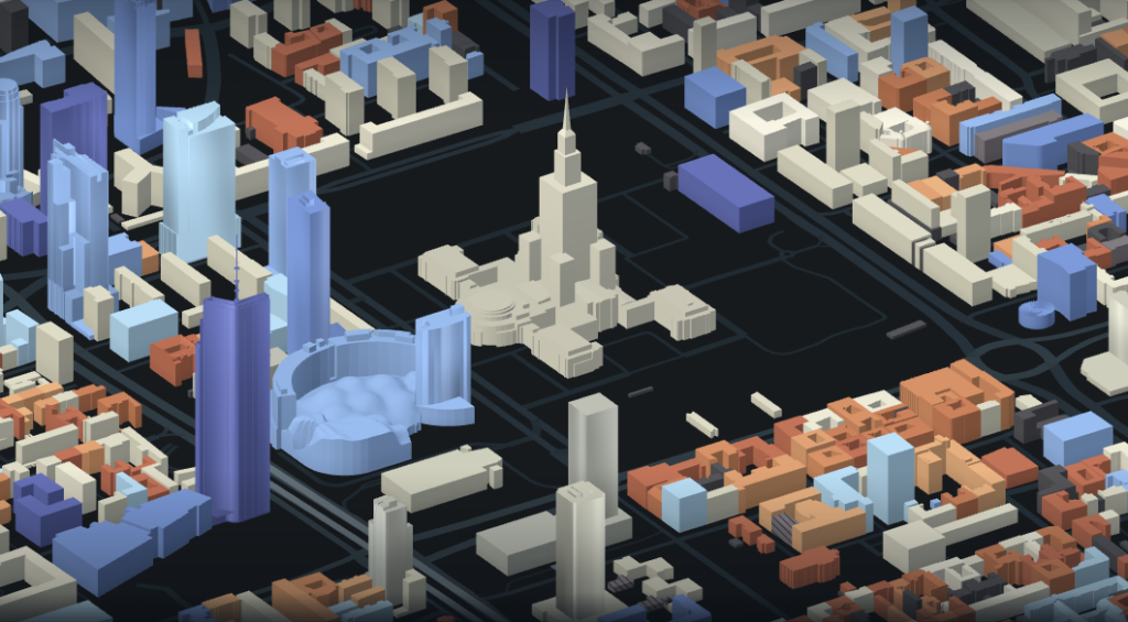 Kolorowa mapa 3D z przestrzennym modelem zabudowy miejskiej i wysokimi budynkami na ciemnym tle