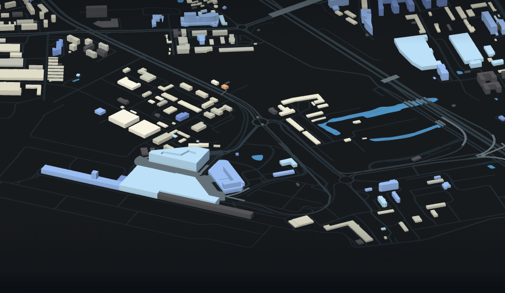Mapa 3D z jasnymi modelami budynków, drogami i niebieskimi zbiornikami wodnymi na ciemnym tle