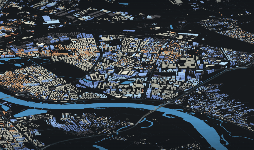 Mapa 3D z lotu ptaka przedstawia gęstą zabudowę miejską i szeroką, niebieską rzekę.
