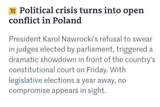 Fragment artykułu z nagłówkiem „Political crisis turns into open conflict in Poland” i tekstem o sporze wokół sędziów TK.