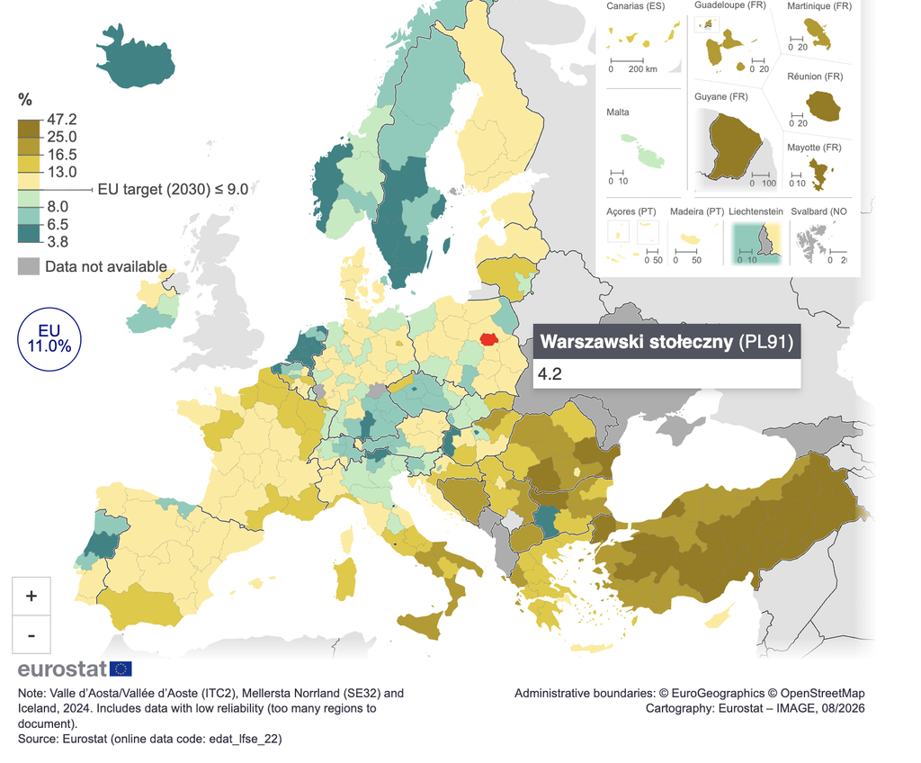 Mapa Europy z regionami oznaczonymi kolorami według odsetka, z wyróżnionym Warszawskim stołecznym (PL91) i wartością 4,2.