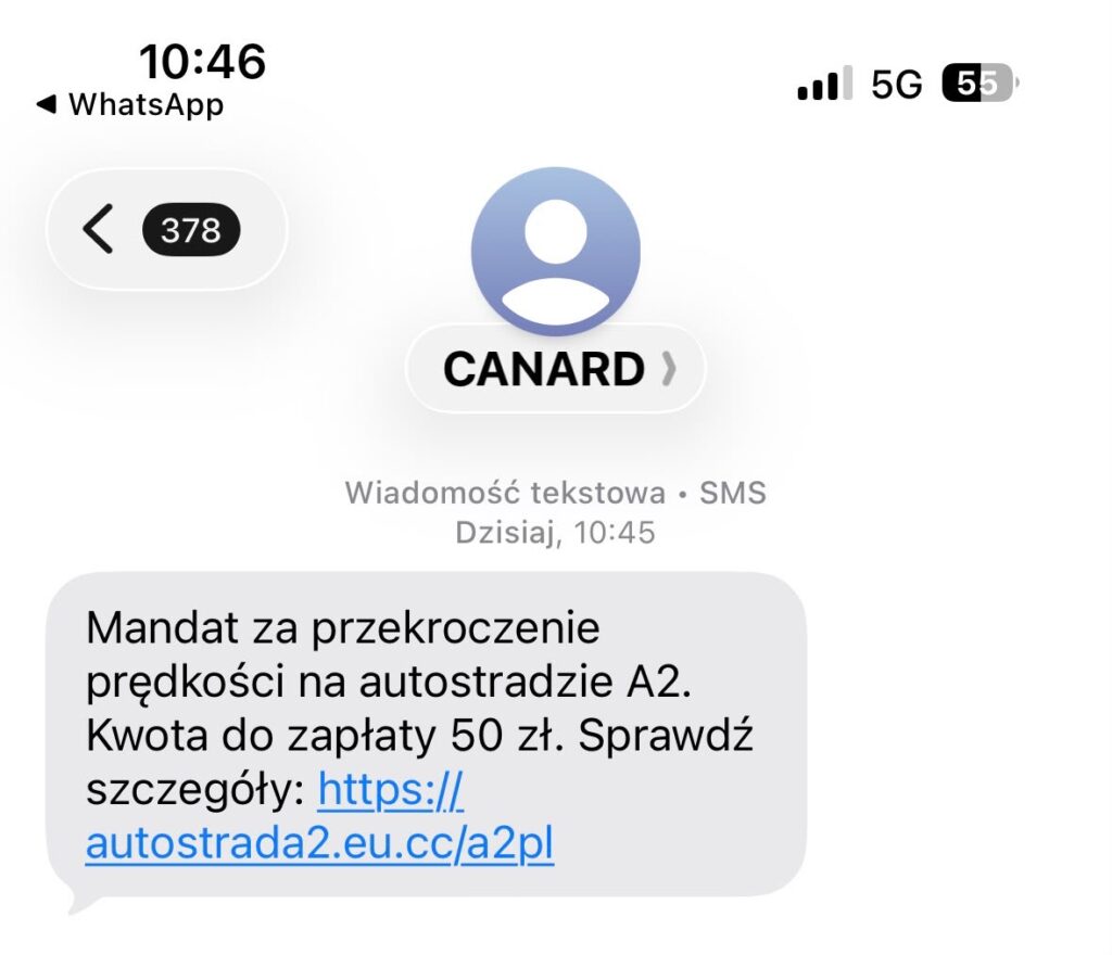 Zrzut ekranu SMS-a od nadawcy „CANARD” z wiadomością o mandacie za przekroczenie prędkości na A2 i linkiem do płatności.