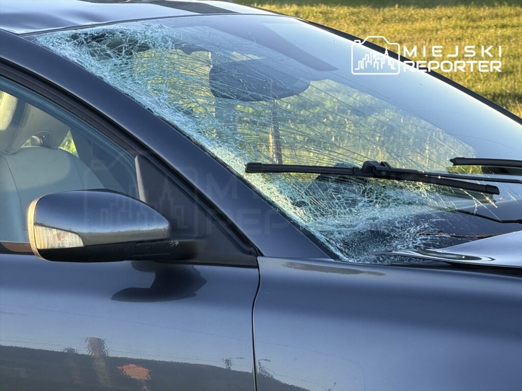 Samochód osobowy z mocno popękaną przednią szybą stoi na zewnątrz, przy trawie.
