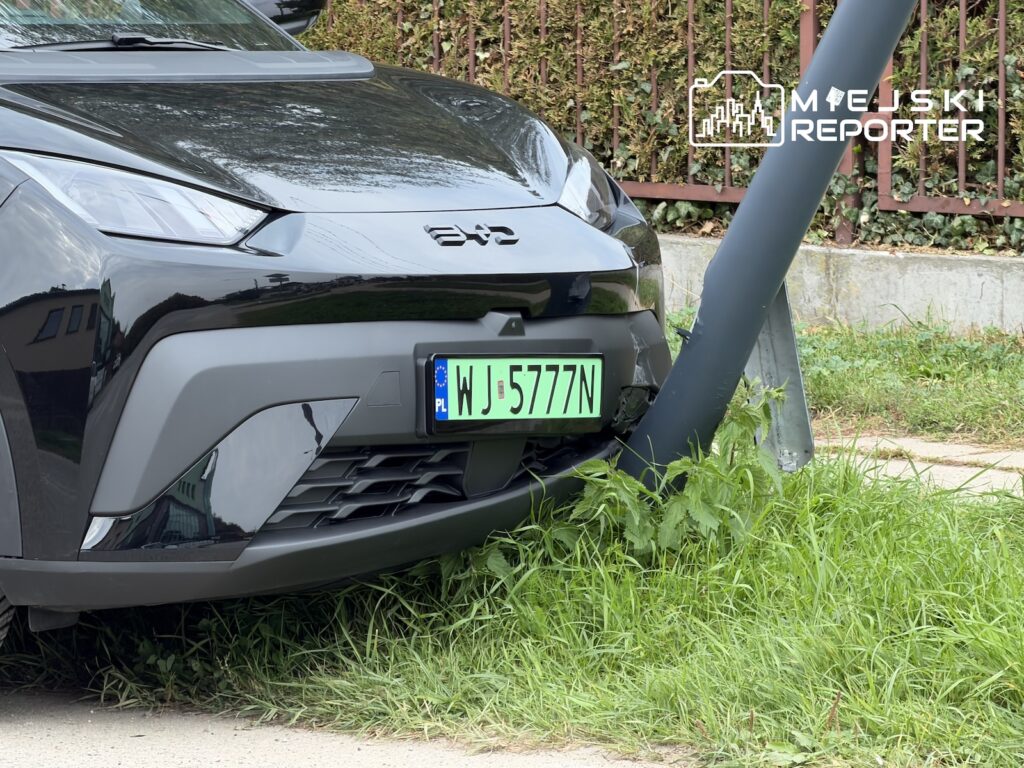 Przód samochodu BYD z zieloną tablicą rejestracyjną stoi tuż obok pochylonej latarni przy trawniku.
