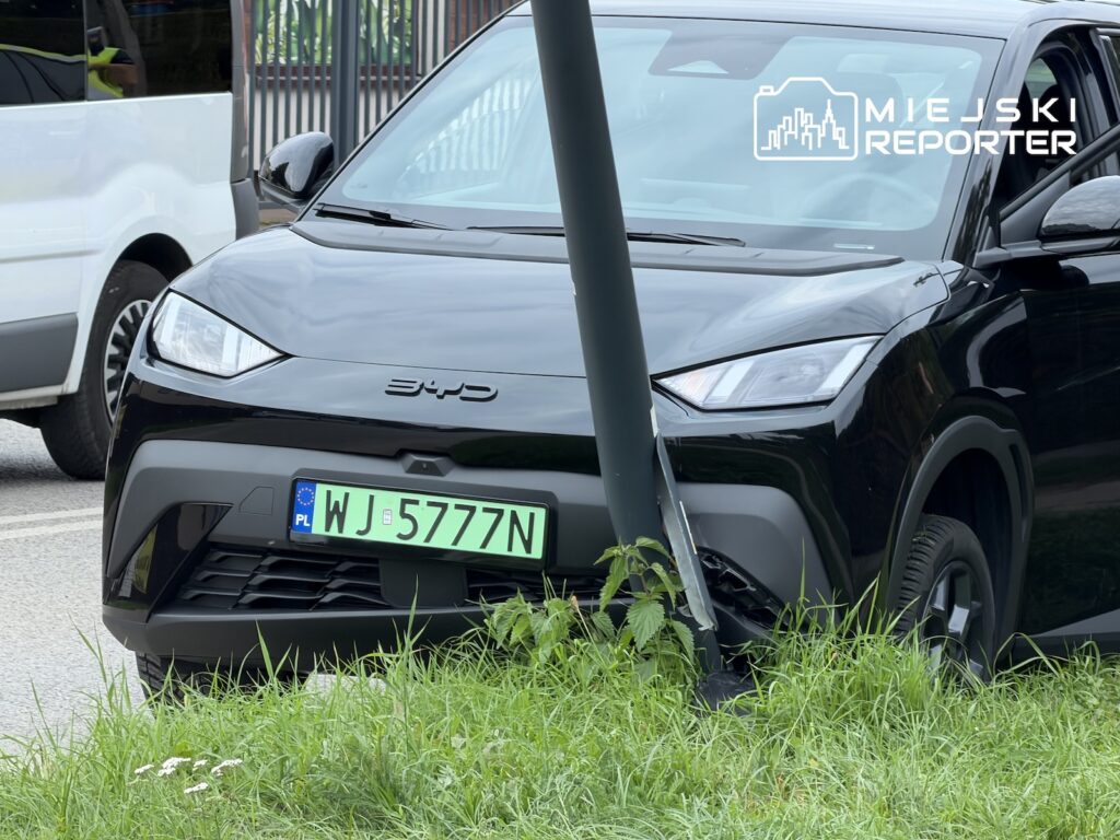 Czarny samochód BYD stoi przy trawniku, częściowo zasłonięty przez pochyloną latarnię.
