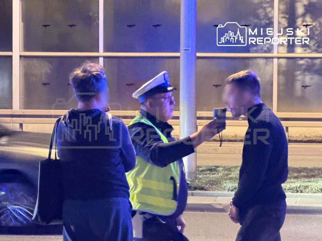 Policjant w kamizelce odblaskowej sprawdza trzeźwość mężczyzny przy drodze, obok stoi druga osoba.