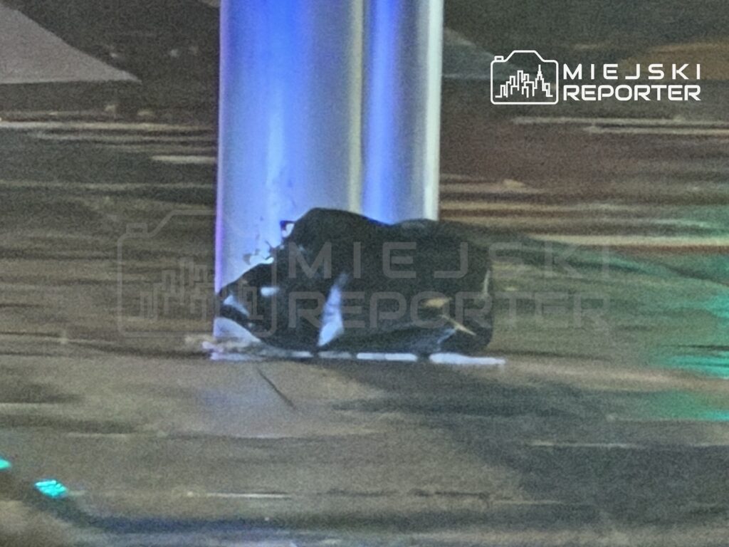 Czarny kot siedzi u podstawy podświetlonego na niebiesko słupa na nocnym chodniku.