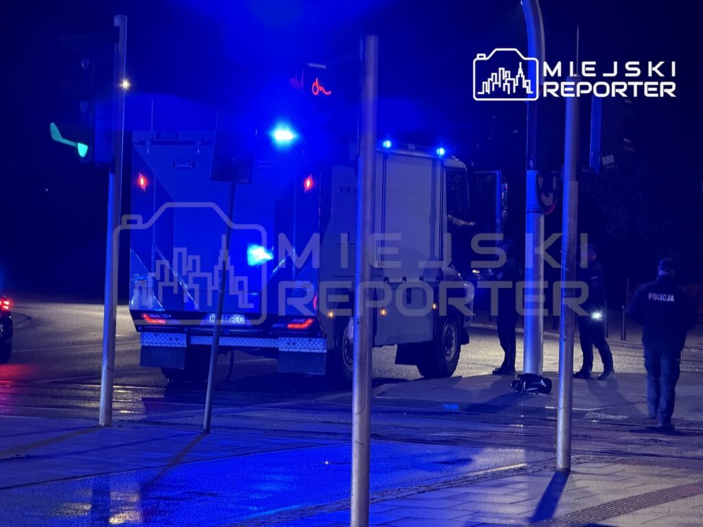 Policjanci stoją obok ciężarówki z włączonymi niebieskimi światłami na nocnej ulicy.