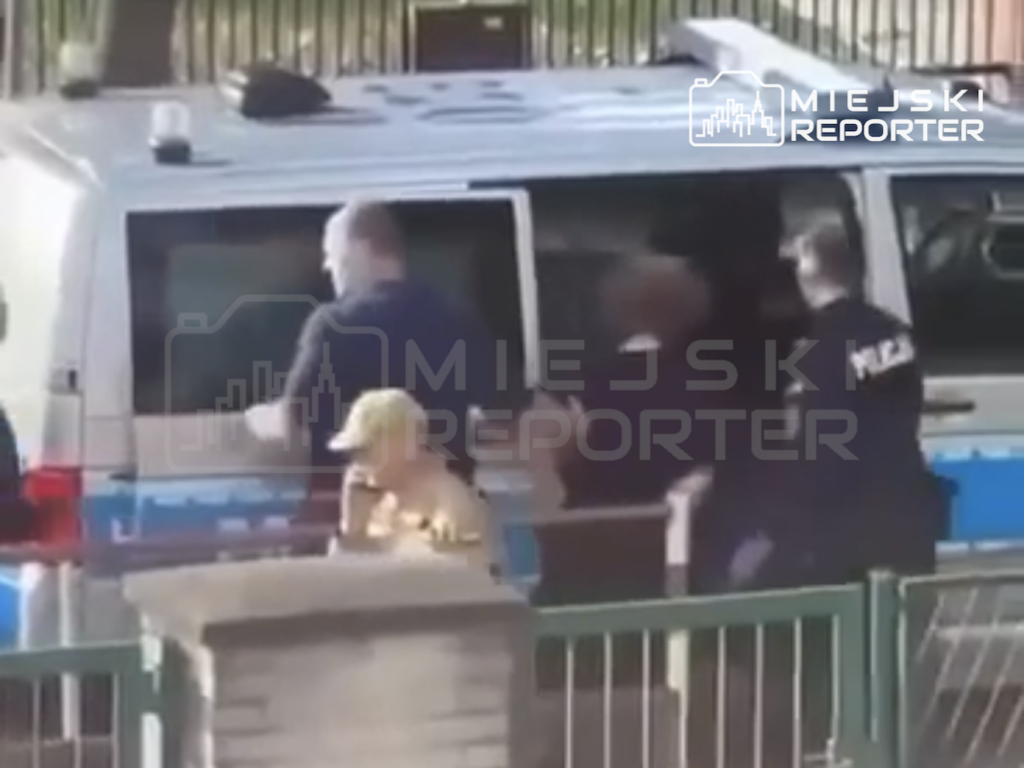 Policjanci prowadzą mężczyznę przy radiowozie za zielonym ogrodzeniem; obok stoi osoba w jasnej czapce.