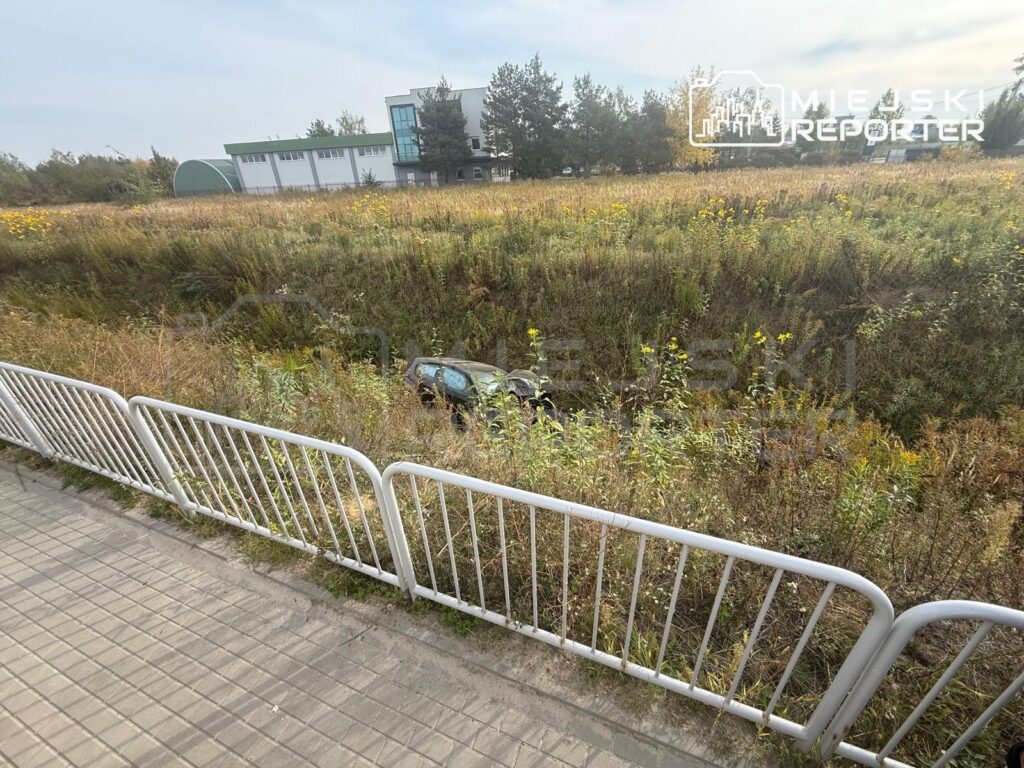 Ciemny samochód osobowy w zarośniętym rowie za metalową barierką, obok chodnika i nowoczesnego budynku.