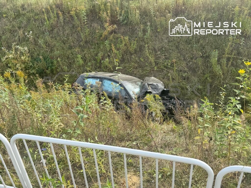 Ciemny samochód leży w gęsto zarośniętym rowie, za metalową barierką.