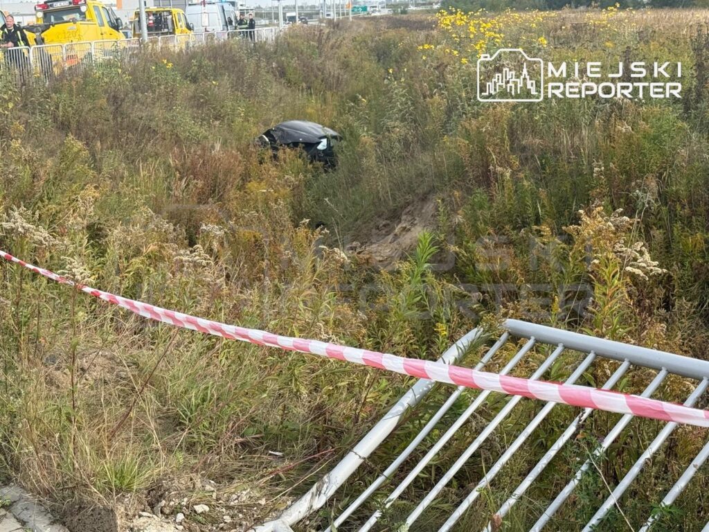 Czarny samochód częściowo ukryty w gęstej roślinności głębokiego rowu, przed nim leży wygięty fragment metalowego ogrodzenia.