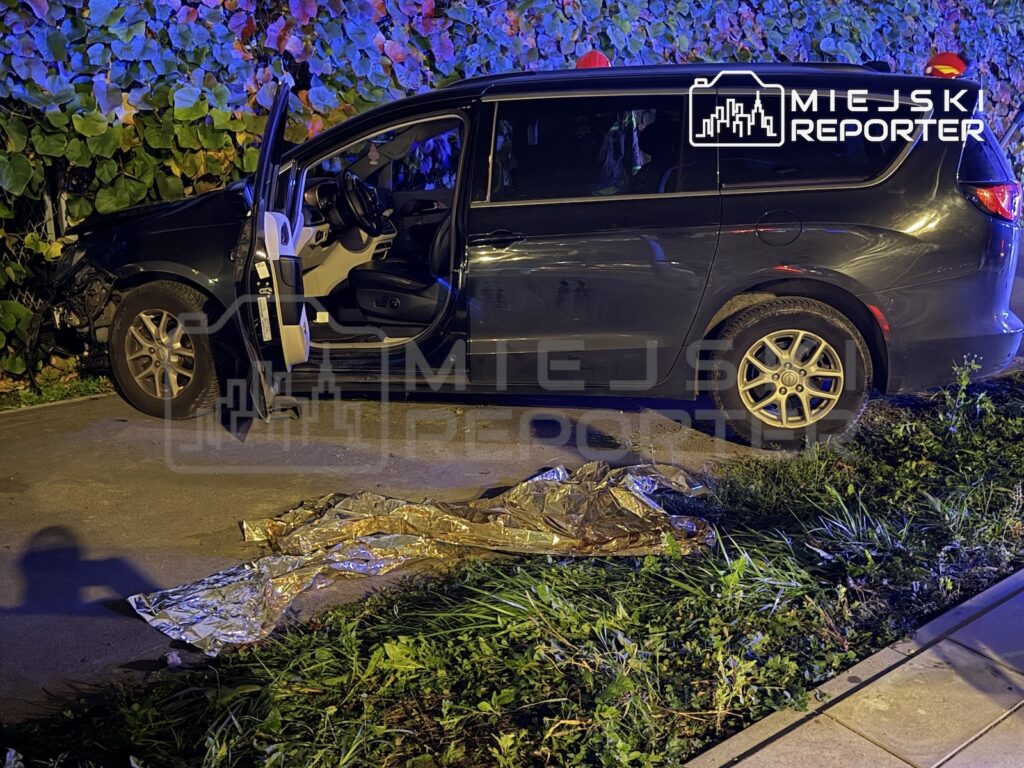 Ciemny minivan z otwartymi drzwiami stoi nocą przy zaroślach; na ziemi leży złota folia ratunkowa.