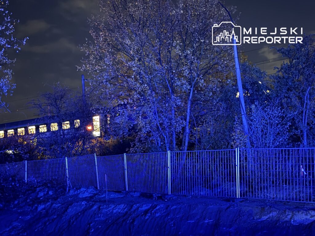 Pociąg pasażerski przejeżdża nocą za ogrodzeniem i zaroślami, oświetlonymi niebieskim światłem służb.