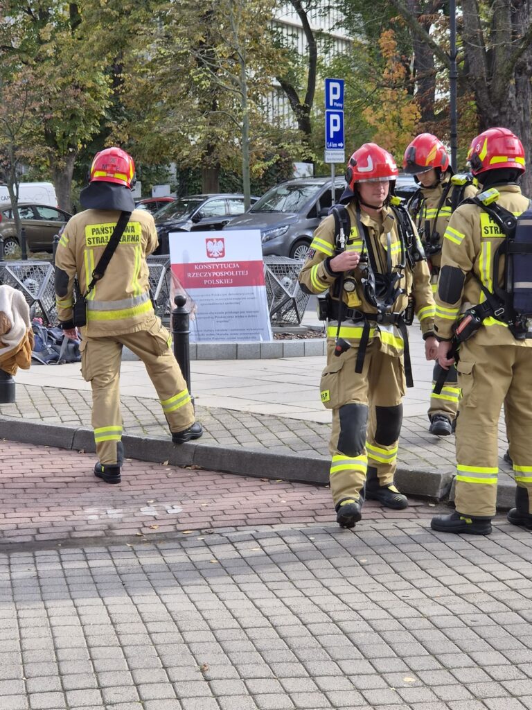 Strażacy w hełmach i odzieży ochronnej stoją przy tablicy z napisem „Konstytucja Rzeczypospolitej Polskiej” na chodniku.
