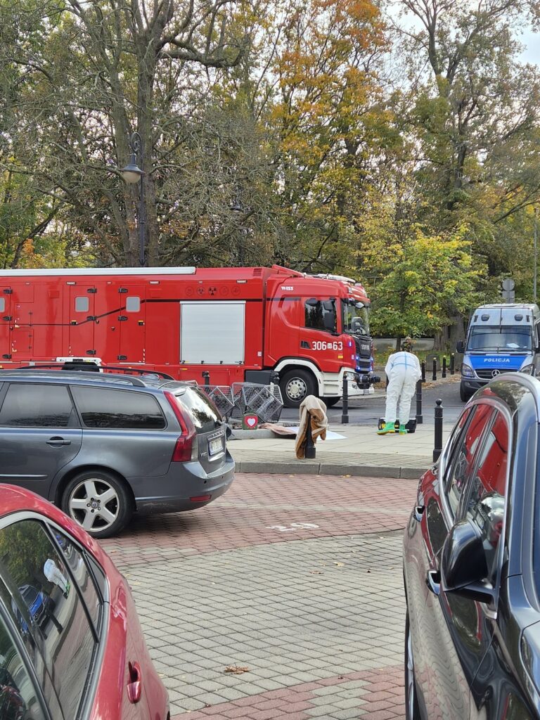 Strażacy w białych kombinezonach pracują przy rozłożonej makiecie, obok wozu strażackiego i policyjnego vana.