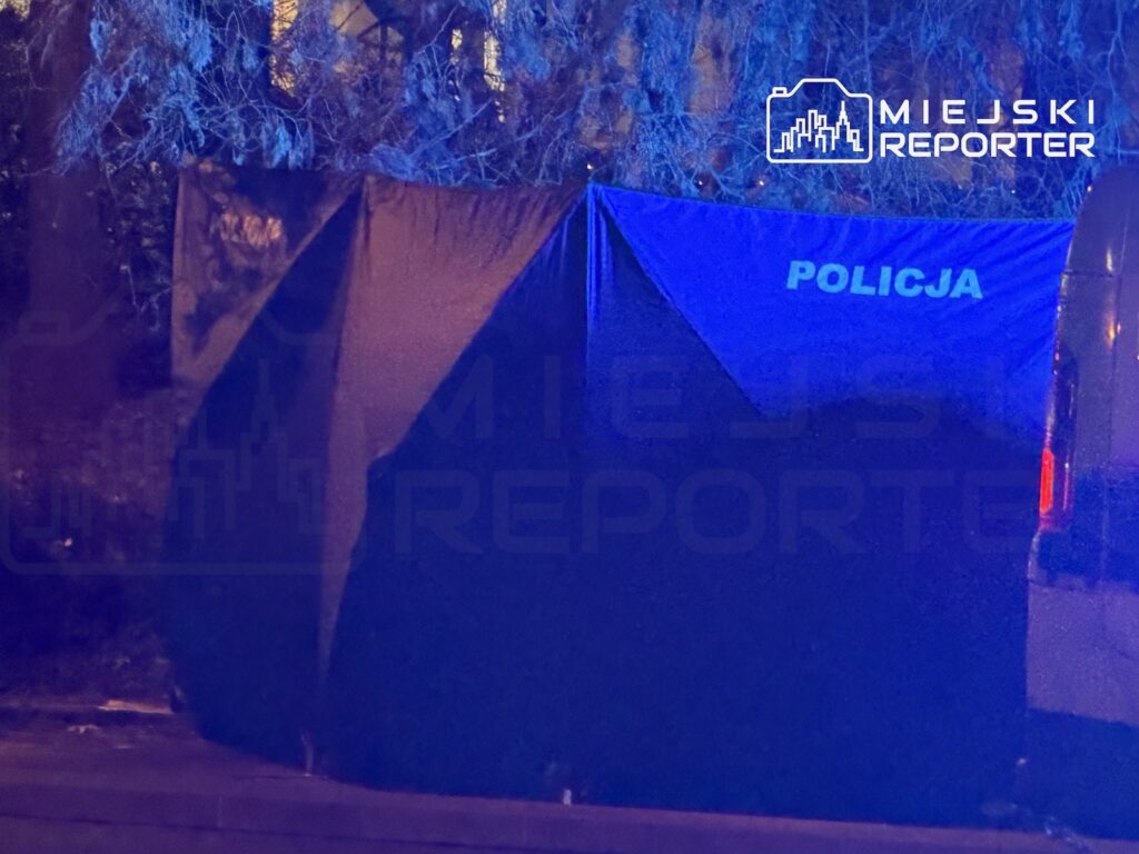 Policyjny parawan z napisem „POLICJA” na nocnym terenie wśród drzew, obok zaparkowanego samochodu.