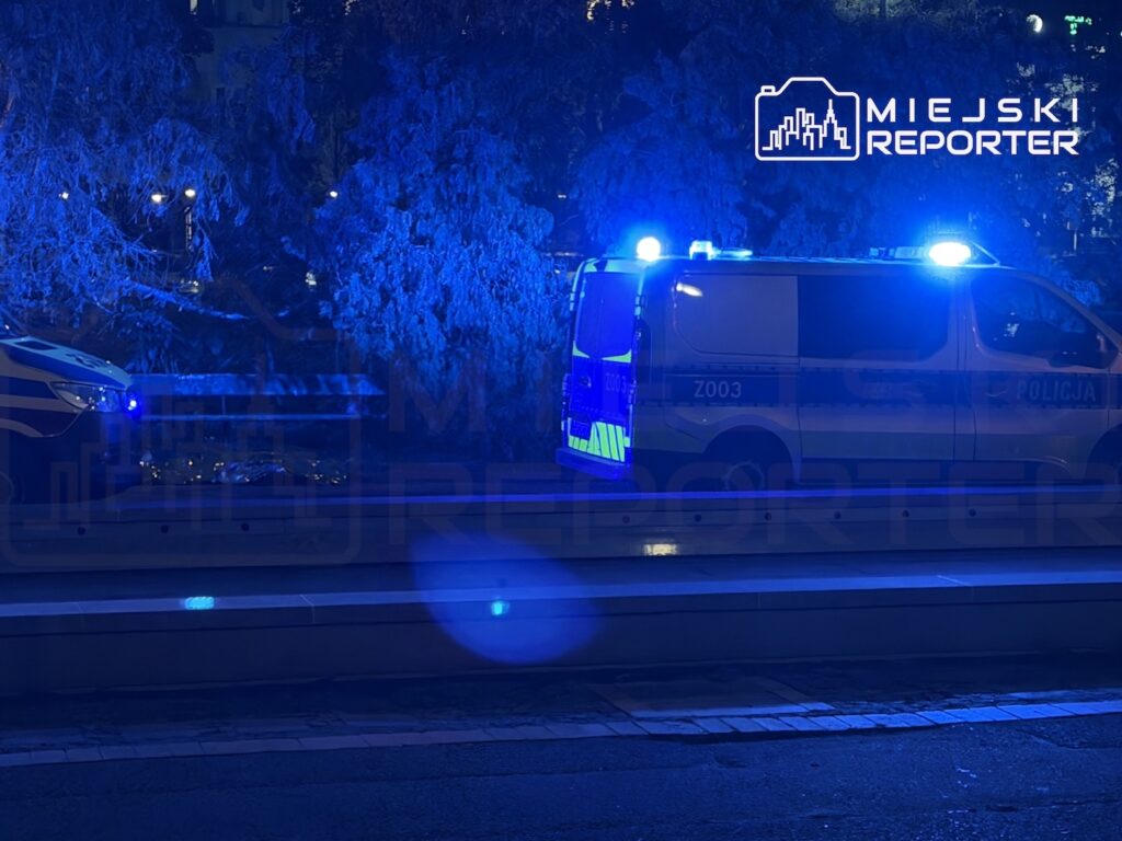 Radiowóz z włączonymi niebieskimi światłami stoi nocą przy zadrzewionym terenie.