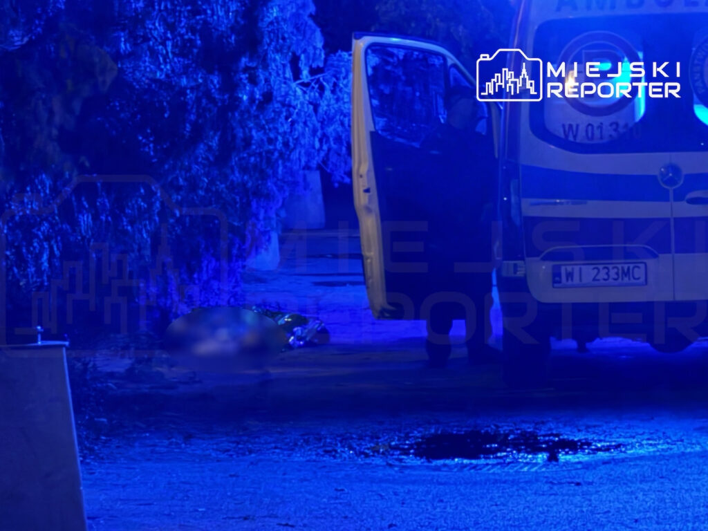 Otwarty ambulans stoi na oświetlonej niebieskim światłem drodze, obok leży rozmyta postać.