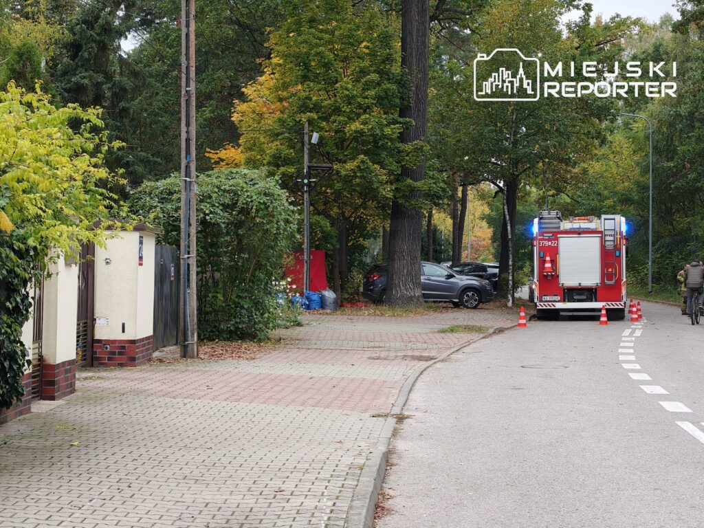 Wóz strażacki i samochód osobowy przy leśnej drodze, miejsce zabezpieczone pachołkami