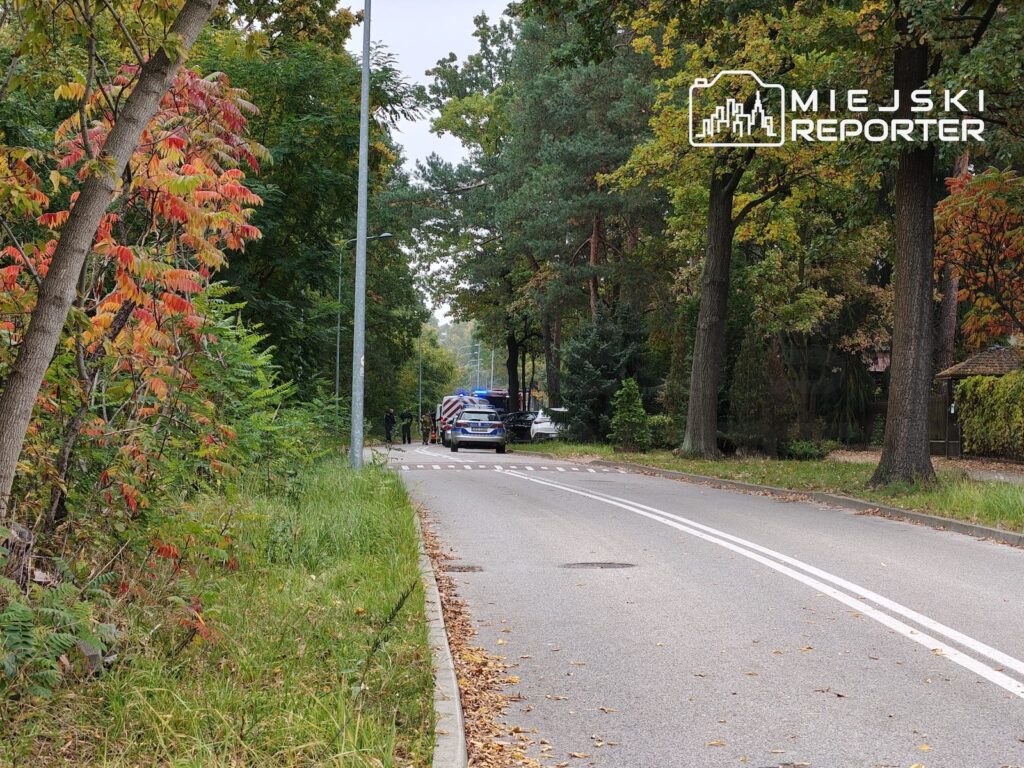 Radiowóz z włączonymi niebieskimi światłami stoi na zadrzewionej drodze, obok widać służby i pojazd.