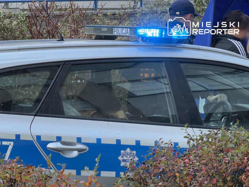 Radiowóz z włączonymi niebieskimi sygnałami świetlnymi stoi przy krzewach; obok znajduje się dwóch mężczyzn.