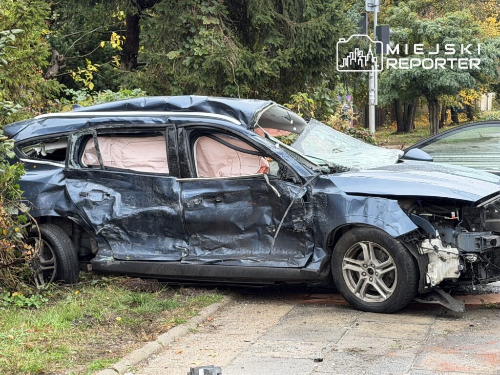 Rozbite auto z wgniecionymi bokami i uszkodzonym przodem stoi przy zarośniętym poboczu drogi.