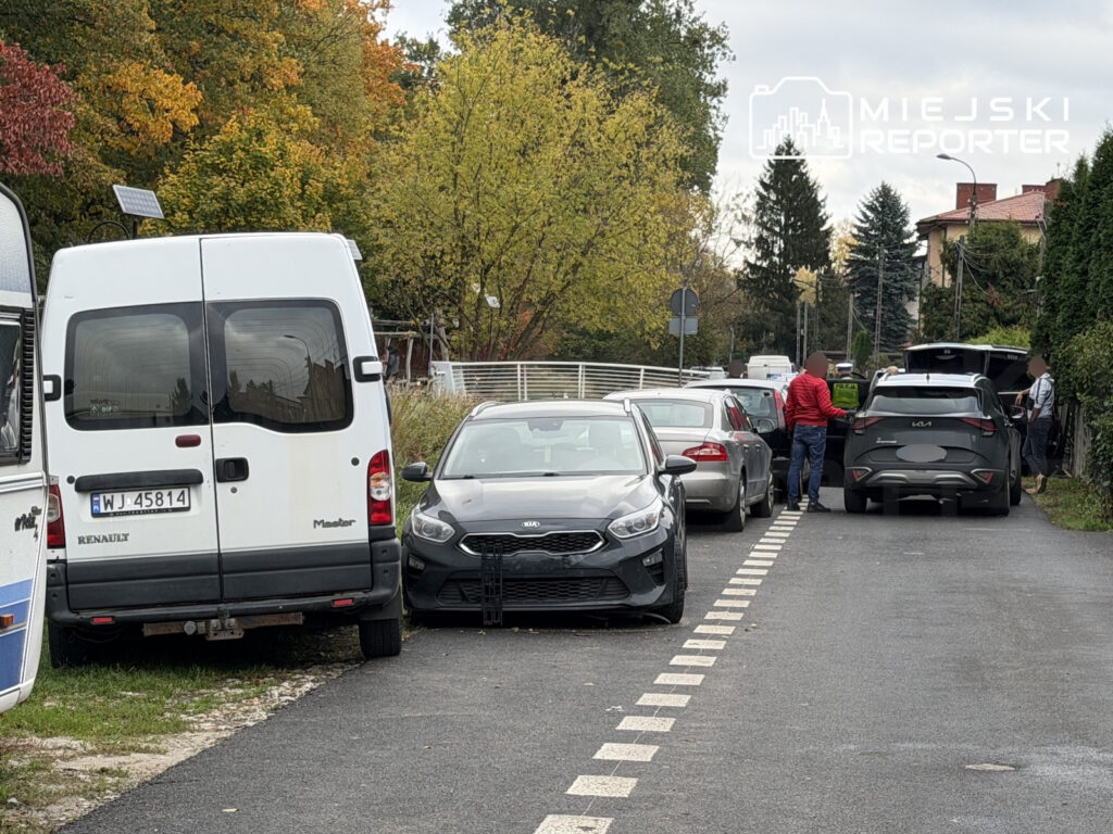 Samochody zaparkowane wzdłuż wąskiej ulicy, przy nich stojący ludzie i drzewa w jesiennych barwach.