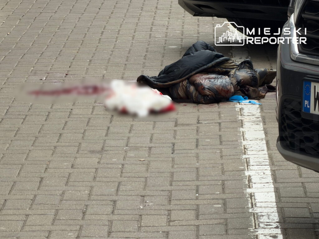 Zakrwawione ciało leży na brukowanym parkingu obok samochodu; ślady krwi na nawierzchni są rozmyte.