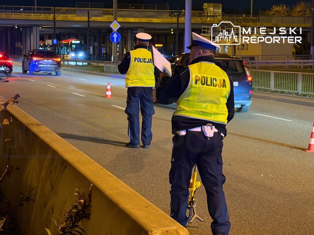 Policjanci w odblaskowych kamizelkach kontrolują ruch nocą na drodze zabezpieczonej pachołkami.