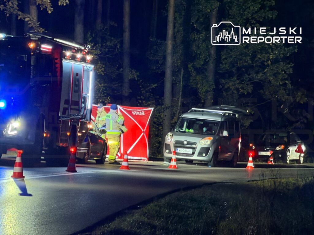 Strażacy w odblaskowych ubraniach zabezpieczają nocne zdarzenie drogowe przy samochodach i wozie strażackim