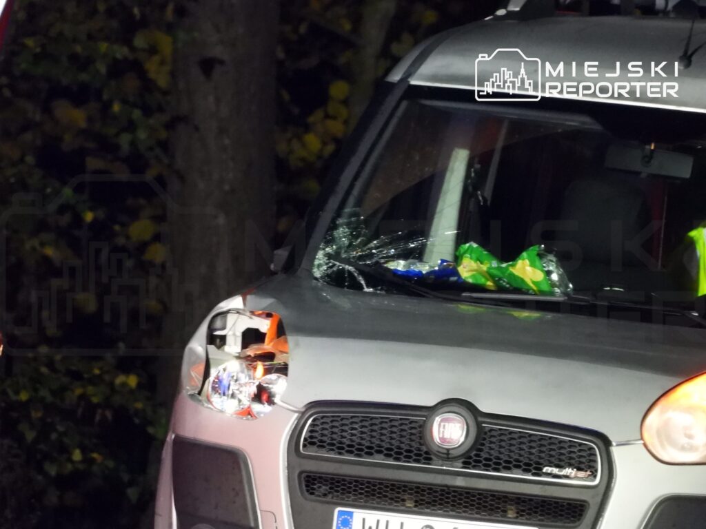 Przód srebrnego fiata z uszkodzoną przednią lampą i rozbitą szybą, stojącego przy zadrzewionej drodze nocą.