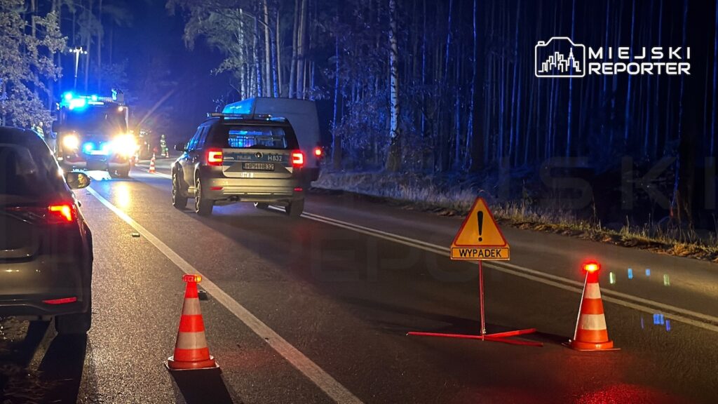 Samochody omijają pachołki i znak „Wypadek” na nocnej, leśnej drodze, oświetlonej niebieskimi światłami służb.