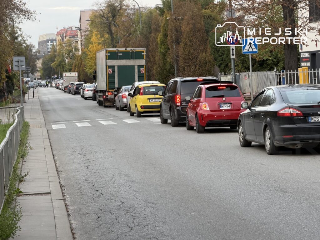 Samochody stoją w długim korku na miejskiej ulicy wśród drzew i zabudowy.