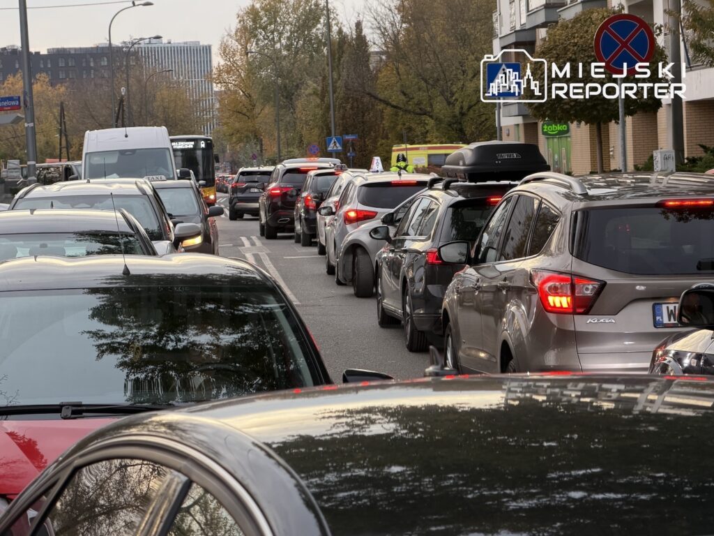 Gęsty sznur samochodów osobowych i autobusu stoi w korku na miejskiej ulicy, między drzewami a zabudową.