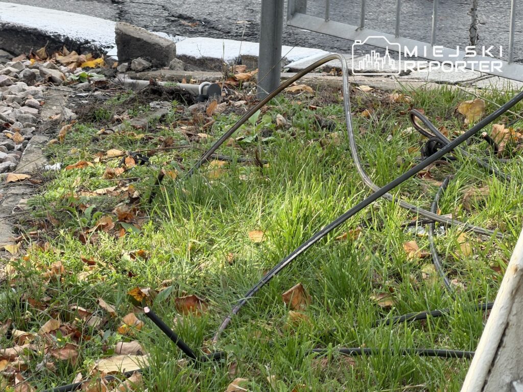 Pogięte metalowe pręty i kable leżą na trawie, liściach i gruzie przy krawężniku.