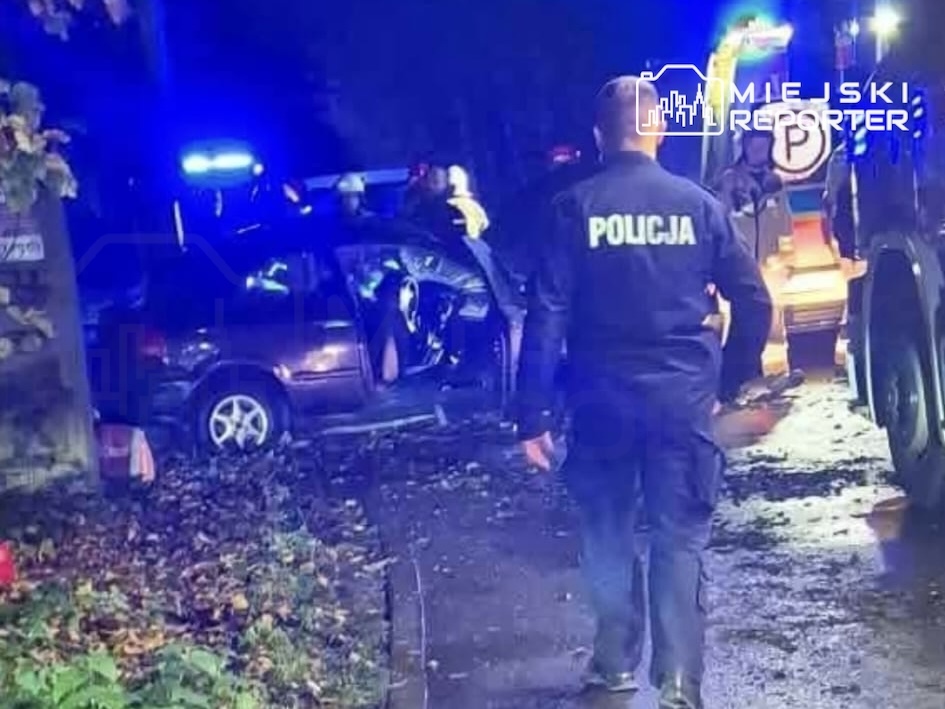 Policjant stoi przy rozbitym samochodzie na oświetlonej niebieskimi światłami służb drodze nocą.